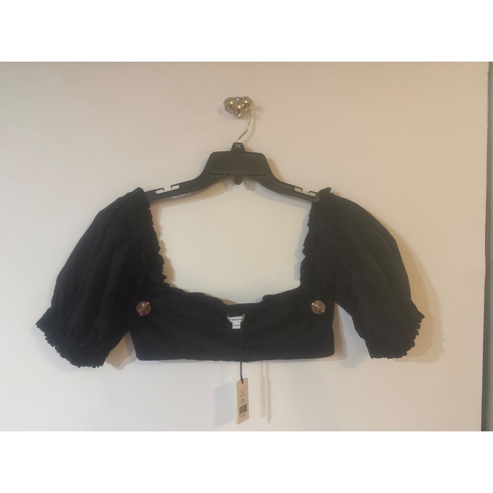We Wore What Swim Black Puff Sleeve Bikini Top XL Smocked Crop Top